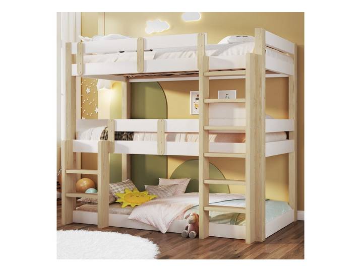 Flieks Etagenbett, Dreierbett Kinderbett 90x190cm mit zwei Leiter und drei Liegeflächen