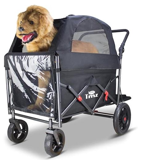 Klappbarer Hundewagen mit atmungsaktivem Stoffdach, Zugang von vorne und hinten, verstellbarer Griff, 120 kg Tragkraft für Spaziergänge und Camping (Schwarz)