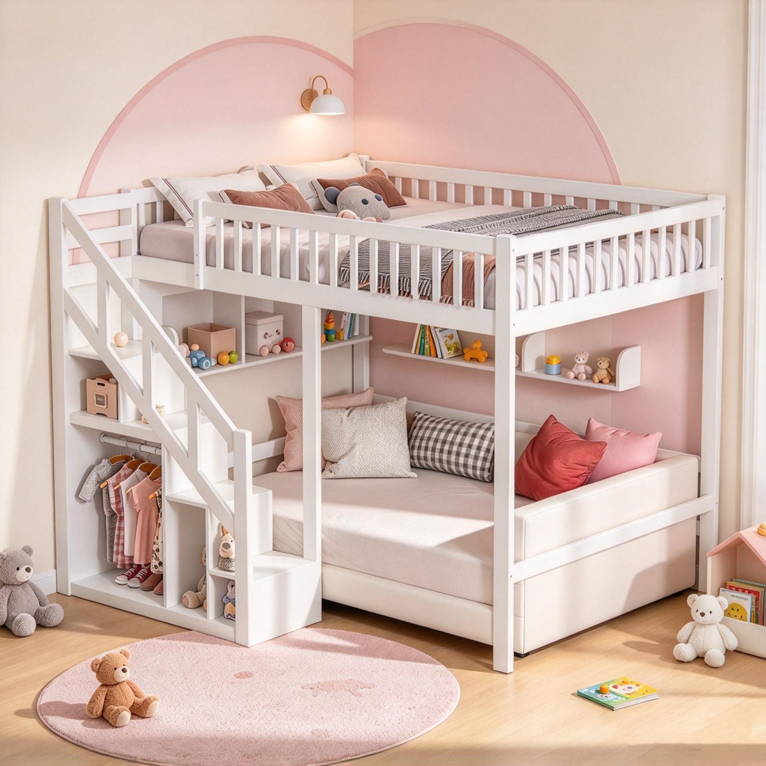 INONEFT Etagenbett 140x200cm mit Rausfallschutz, Kinderbett Jugendbett mit Lattenrost, Hochbett mit Leiter und Regal,Weiß