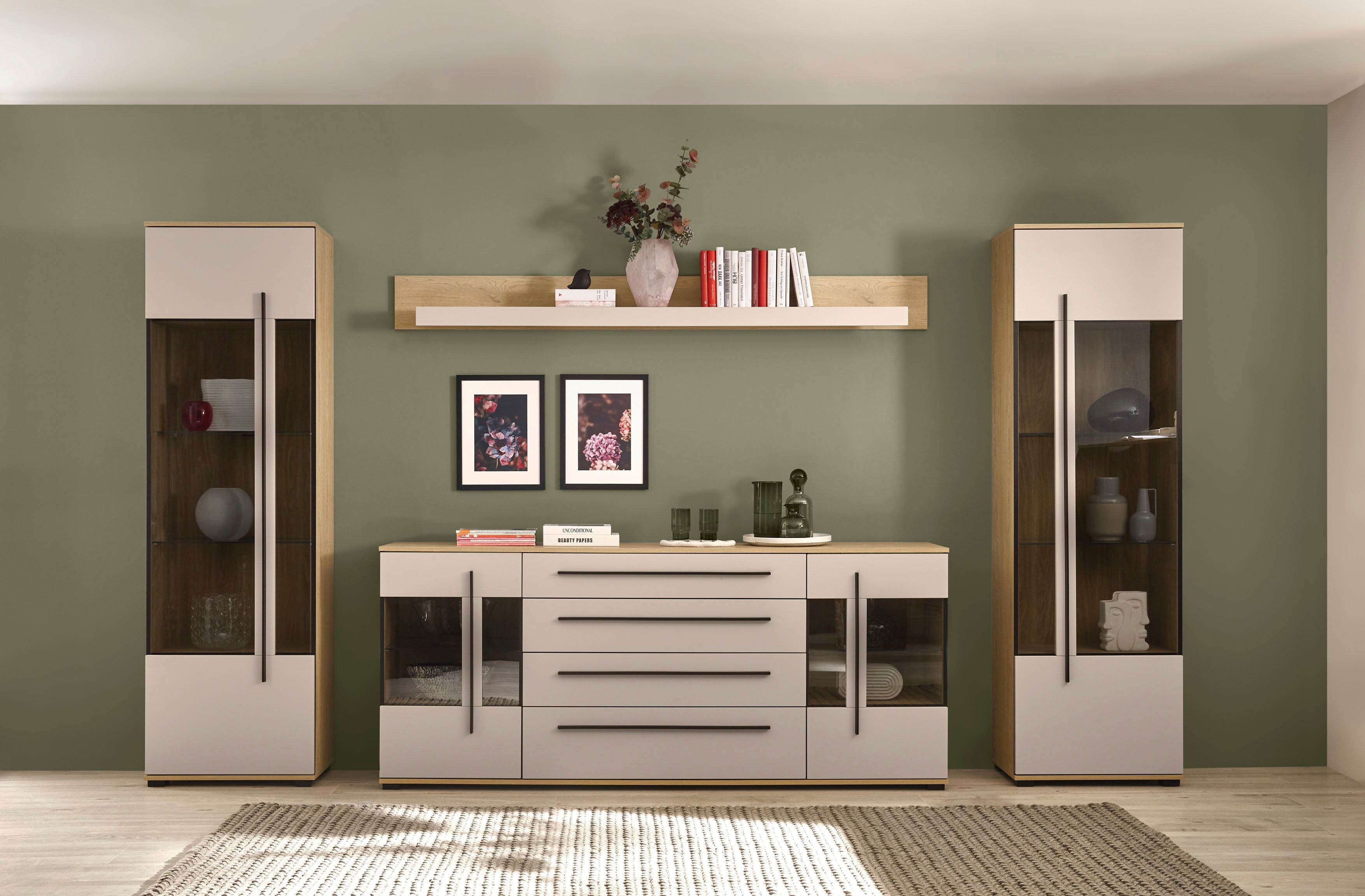 Wohnwand HOME AFFAIRE "Cantara, Anbauwand, Wohnzimmer-Set, in Eiche Evoke, Weiss oder Kaschmir", beige (eiche cremona toro, kaschmir matt), B:340cm H:200cm T:42cm, Holzwerkstoff, Kastenmöbel-Sets, Wohnwand, enthält zwei Vitrinen, ein Sideboard und ein Wan
