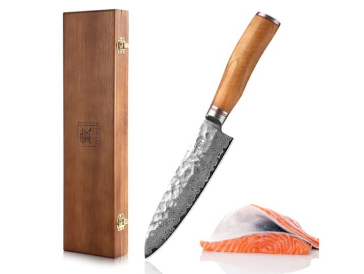 zayiko Minami Olive Santokumesser 17,5 cm, 67 Lagen Damaststahl, VG-10-Kern Hammerschlag-Klinge, Olivenholzgriff, beidseitiger 15°-V-Schliff, 60±2 HRC, für Fleisch, Fisch, Gemüse & Kräuter, mit Holzbox