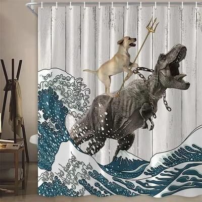 Uplift Essentials "Creative Kids ""Cat Riding Dinosaur"" Shower Curtain style 5 71 In X 71 In"