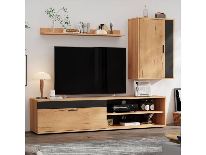 ROVRYN Ensemble meuble TV mural 3 pièces 140 cm avec armoire murale et étagère bois naturel et noir