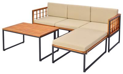Costway 5 Pieces Patio Furniture Set Acacia Wood Sectional Set with Heavy-Duty Metal Frame-Beige