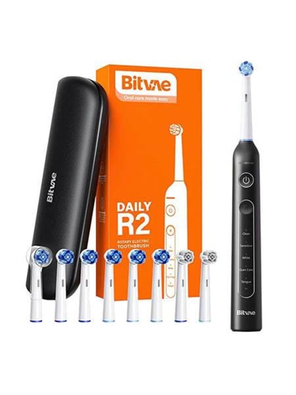Bitvae Elektrische Zahnbürste Rotary toothbrush with tips set and travel case R2 (black)