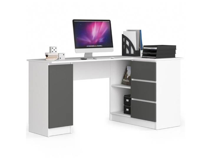 Grand bureau d'angle AKORD droit B20 Blanc 155 cm 1 porte 3 tiroirs façade Gris Graphite 4 étagères 155x85x77 cm