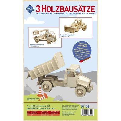 PEBARO 863 - Holzbausatz Baufahrzeug-Set, Radlader, Hubwagen, Kipplader, Holz, 3 Holzkonstruktionen zum Zusammenstecken