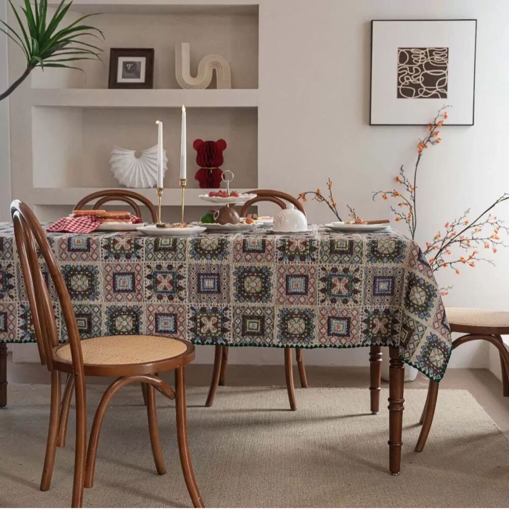 INF Nappe de table à carreaux rétro française - Motifs géométriques brodés, décoration anti-poussière XS