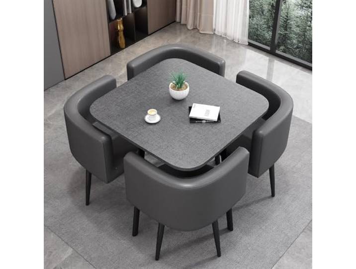 VTELGT Quadrat Esstisch mit 4 Stühlen, 5-teilige Essgruppe für 4 Personen 5-teiliges Set mit rundem Esstisch und 4 gepolsterten Stühlen in Grau – ideal für Küche, Esszimmer und Wohnzimmer.