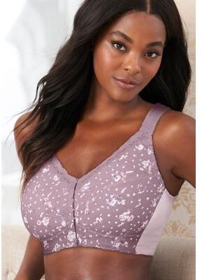 Plus Size Women's Front-Close Cotton Wireless Posture Bra by Comfort Choice in Sunset Mauve Floral (Size 48 G)