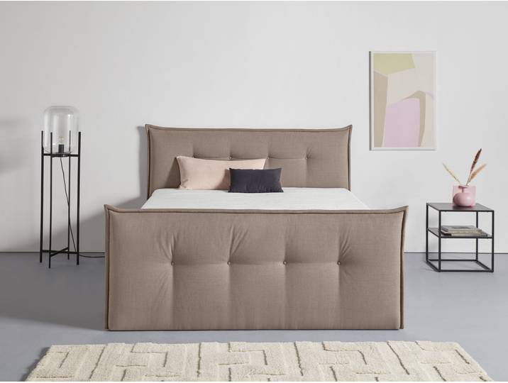 Boxspringbett, Textile Struktur, Grau (Taupe), 195×226 cm, Mit Bettkasten & Topper, Skandinavisch, andas