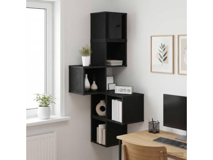 Eckregal aus Holzwerkstoff 48x48x120 cm Schwarze Eiche für Wohnzimmer Wandmontage, stabiler Holzwerkstoff, pflegeleicht, vielseitig für Küche, Büro und Schlafzimmer