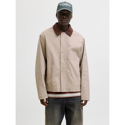 Kurzjacke JACK & JONES "JJEGRAHAM WORKER JACKET SN", Herren, Gr. L, string, Web, Obermaterial: 97% Baumwolle, 3% Elasthan, unifarben, normal, Jacken Kurzjacke, mit Fly-Away-Kragen