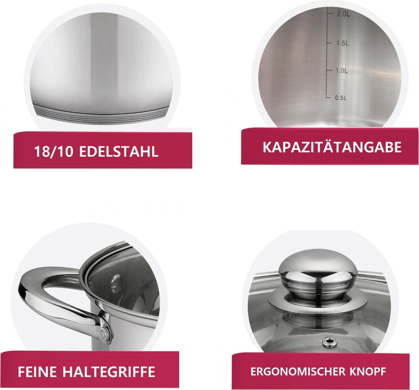 Cheffinger 8-delige roestvrijstalen kookset voor inductie met deksels, diameters: 22, 24, 26 en 28 cm