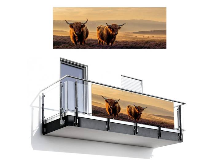 MuchoWow Balkon-Sichtschutz Schottische Hochlandbewohner - Heide - Landschaft - Tiere, Cognac, Kunststoff, Rechteckig, 300x110 cm, Sonnenschutz, Sichtschutz