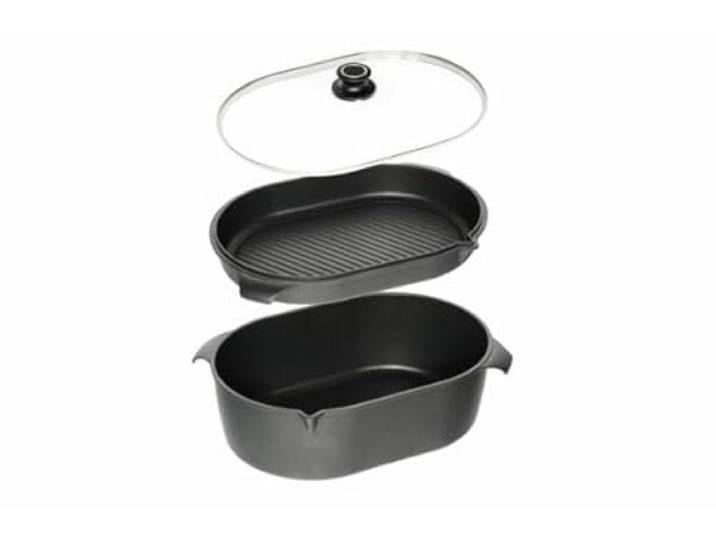 AMT Gastroguss 3er-Set Bräter, bestehend aus Bräter, Gußbräterdeckel mit Grillboden & Glasdeckel, 32 x 22 cm, induktionsgeeignet, Lotan® Antihaft-Veredelung, Gusspfanne (Aluguss), AMZN-I-3222-Set