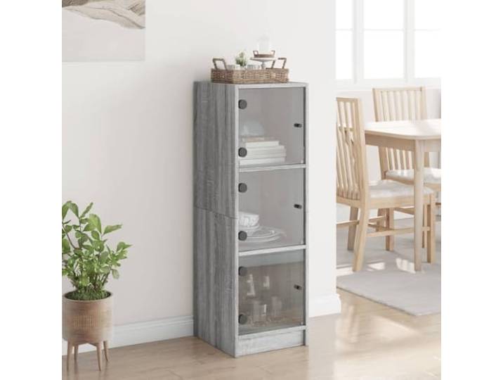 KTHLBRH Sideboard mit Glastüren Sonoma-Grau 35 x 37 x 109 cm Mehrschichtiges Holz, 3 Einlegeböden, max. Belastung 60 kg, großer Raum, inklusive Wandbefestigung