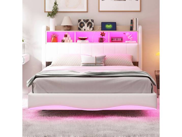 Lit 140x200 cm design suspendu rembourré lit de rangement avec lumière LED interface USB et Type-C - SWEIKO - Beige