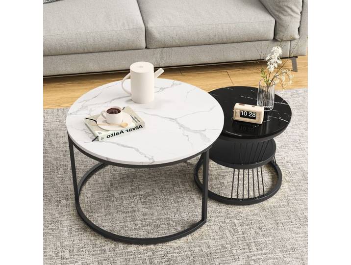 Ensemble table basse deux pièces plateau en MDF structure en métal noir et blanc