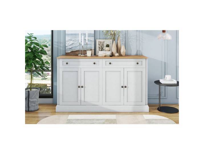 ROVRYN Buffet bas 150 x 40 x 86 cm 4 portes 2 tiroirs blanc et bois naturel étagères réglables