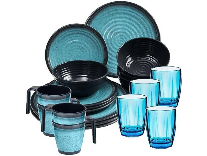 Melamin Geschirrset 4 Personen blau schwarz 20 Teile Tassen blauen 320ml
