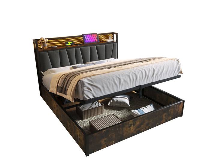 Oxeza Polsterbett 180/200 cm Grau mit aufladen USB und LED-Beleuchtung, Mode, Rechteckig, 180x200 cm, Schlafzimmer, Betten, Polsterbetten