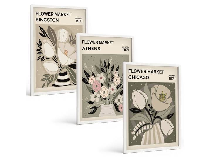 BILDER SET 3er Set - 40x60 cm Weißer Rahmen - Retro-Blumenarrangements