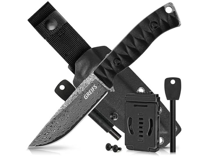GREIFS® Outdoor-Messer aus D2 Stahl mit Kydex & Feuerstahl - Ranger Damast edles Survival Messer für die Bushcraft Ausrüstung · Jagdmesser · Gürtelmesser · Fahrtenmesser · Messer Outdoor · Angelmesser