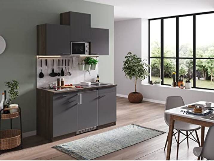 respekta Küchenzeile Oliver KB150EYGMIC Grau 150 cm Breite mit Elektrogeräten