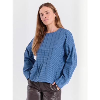 Hemdbluse NORR "NORR Shirt Soffie", Damen, Gr. 42, blau (blau check), Obermaterial: 100% Baumwolle, Blusen Hemdbluse