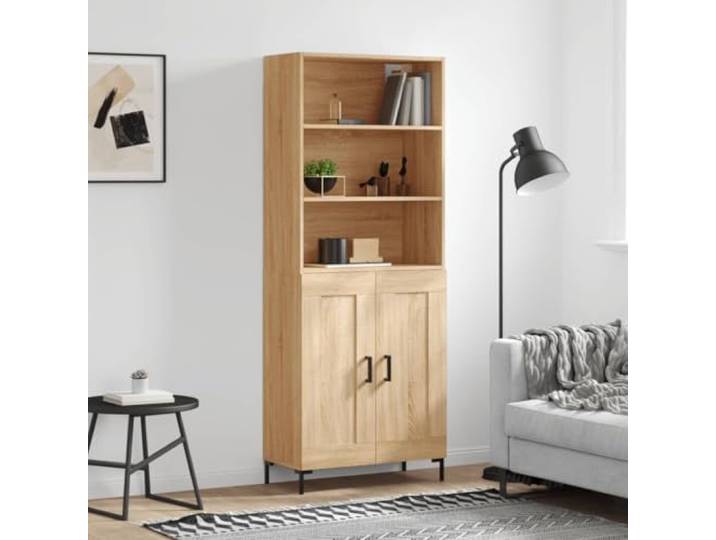 Modernes Highboard in Sonoma-Eiche Optik mit Stauraum, stabiles Aufbewahrungsmöbel aus Holzwerkstoff für die Einrichtung des Wohnzimmers, Elegantes Highboard mit Metallfüßen