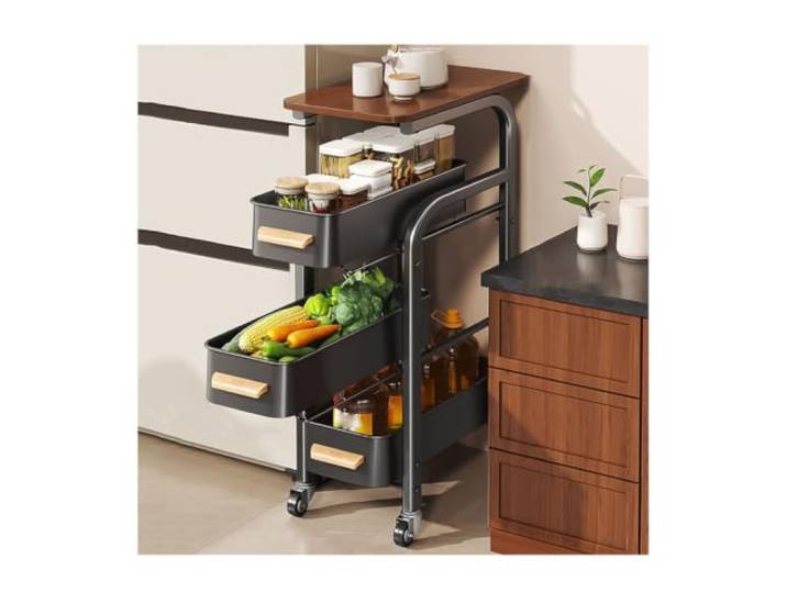 MJJRWF Rollbarer Küchenwagen mit ausziehbaren Schubladen Rollbarer Küchenwagen, ausziehbare Schubladen, Holzplatte, Metallgestell, Sicherheitsriegel(Black,22x39x87cm)