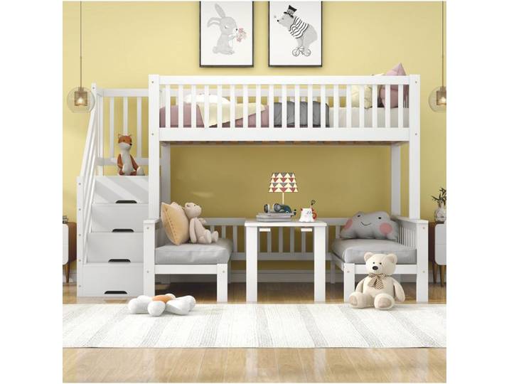 VUENOR Lit superposé enfant blanc 253x125 5x170 cm – bureau rabattable escalier de rangement