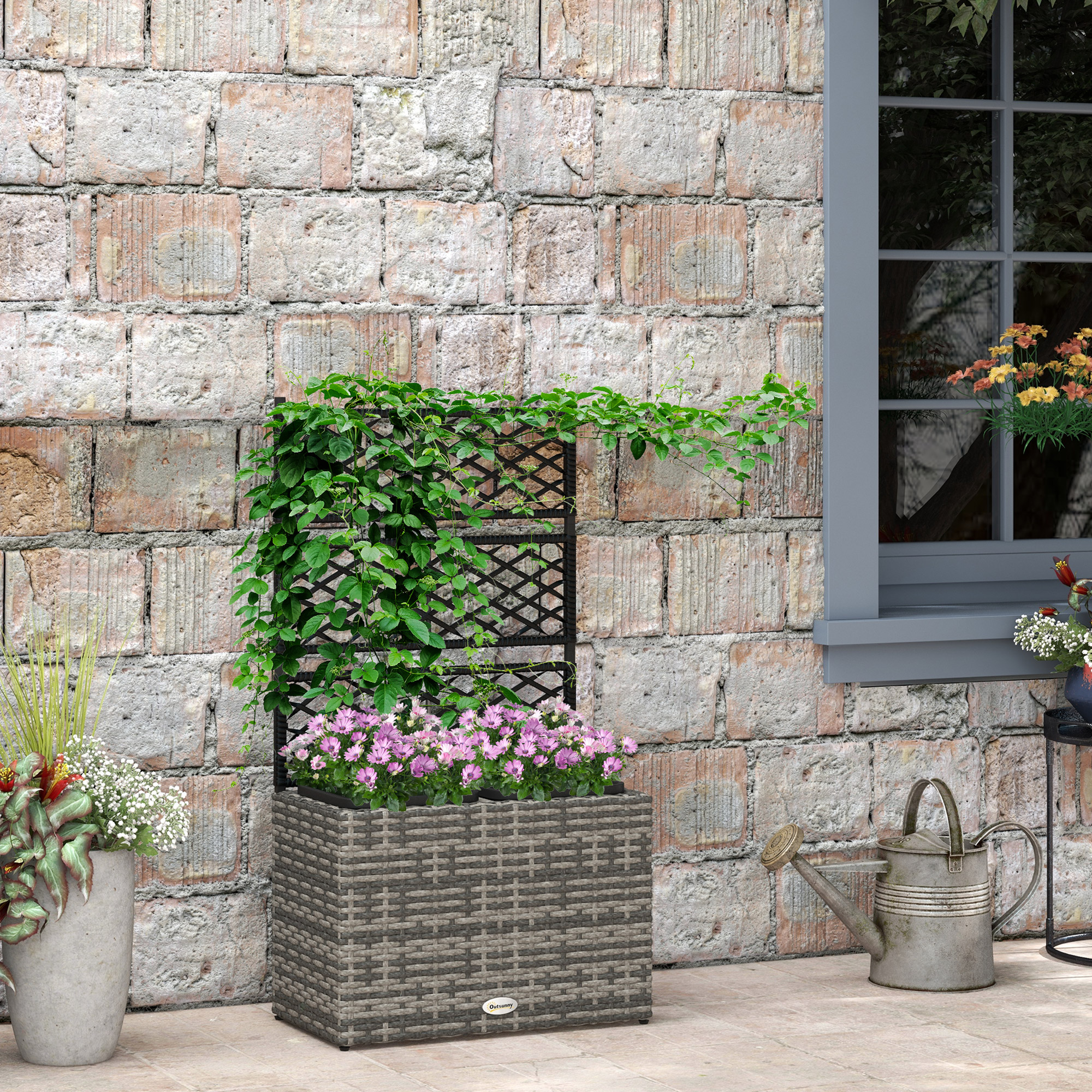 Outsunny Fioriera con Grigliato per Rampicanti con 2 Vasi in Acciaio e Rattan PE, 57x30x107cm, Grigio Aosom