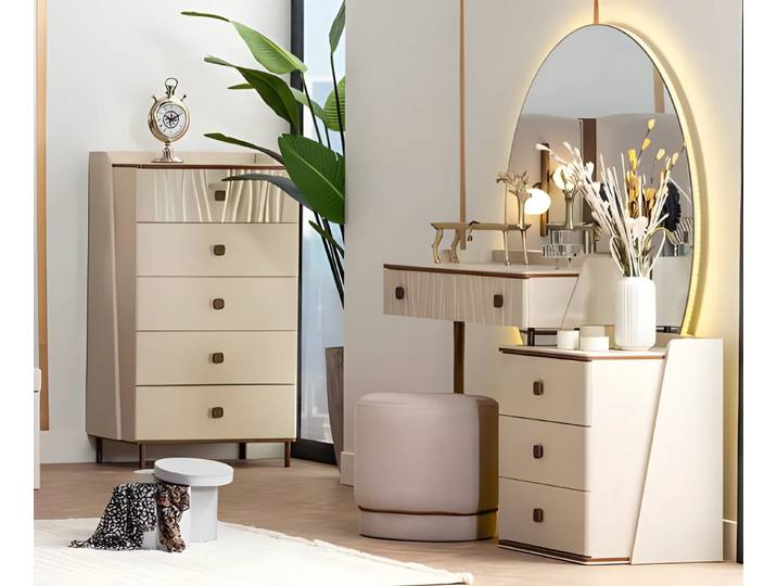 JVmoebel Schminktisch Beige Holz Konsole mit Puff für stilvolles Schminken (Kommode, Schminktisch, Spiegel, Puff), Made in Europa