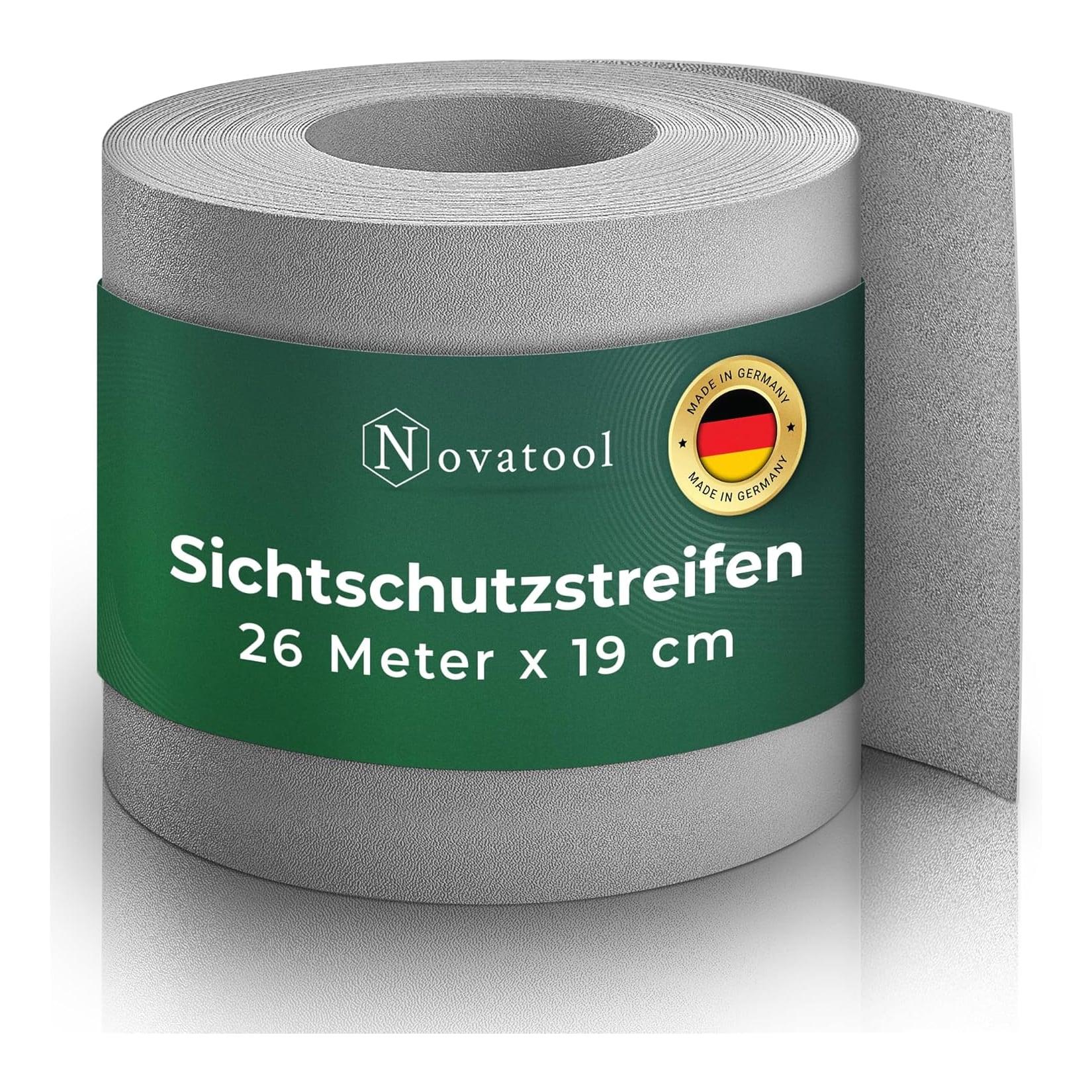 Novatool PREMIUM PP 26m Rolle Sichtschutzstreifen für Doppelstabmattenzaun Fenster Grau für 10 Reihen , 1 ,1 mm extra stabil UV-Beständigkeit Metallzaun Sichtschutzstreifen Zaunelemente Sichtschutz Zaun