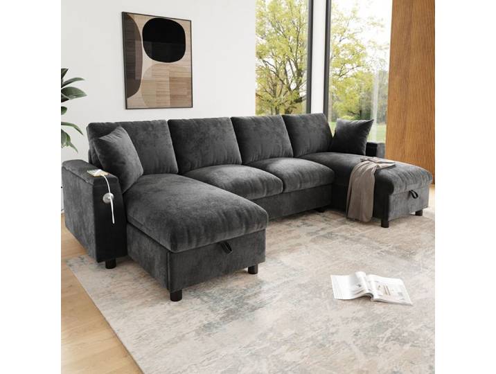 Canape En U 4 Places Chenille Grise Canape Modulable FloraGrace Pour Salon Coffre Et Ports USB Type-C 284x135x84cm