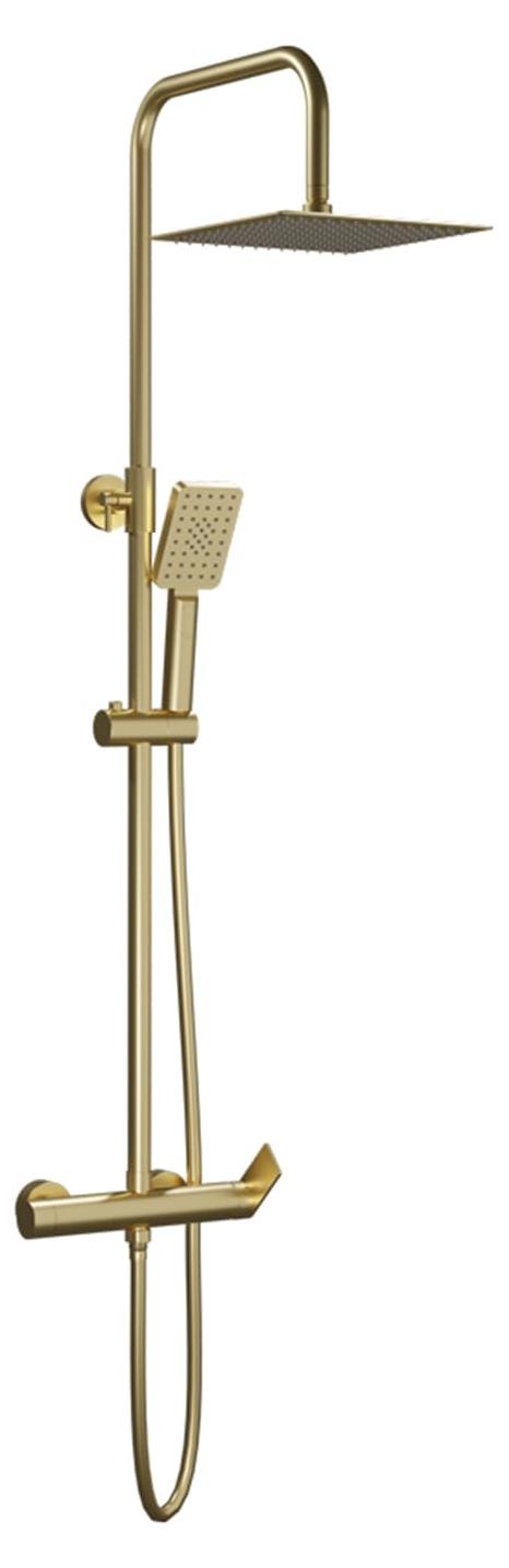 Douchesystem Atlas 25x25 cm, Teleskopstange, 3-Stufen-Handbrause, Gold