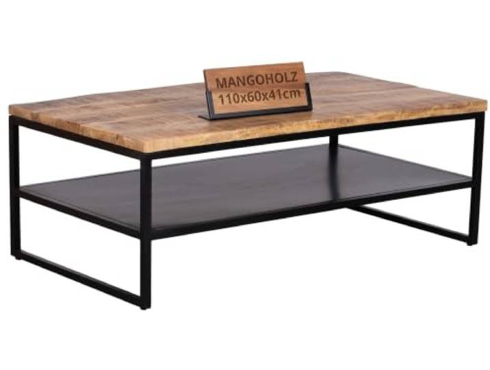 MR. DEKO Couchtisch Sicilia Mango Natur 110x60x41 cm Massiver rechteckiger Holztisch Wohnzimmer mit Metallgestell Schwarz Moderner Wohnzimmer-Tisch Tisch mit Stauraum