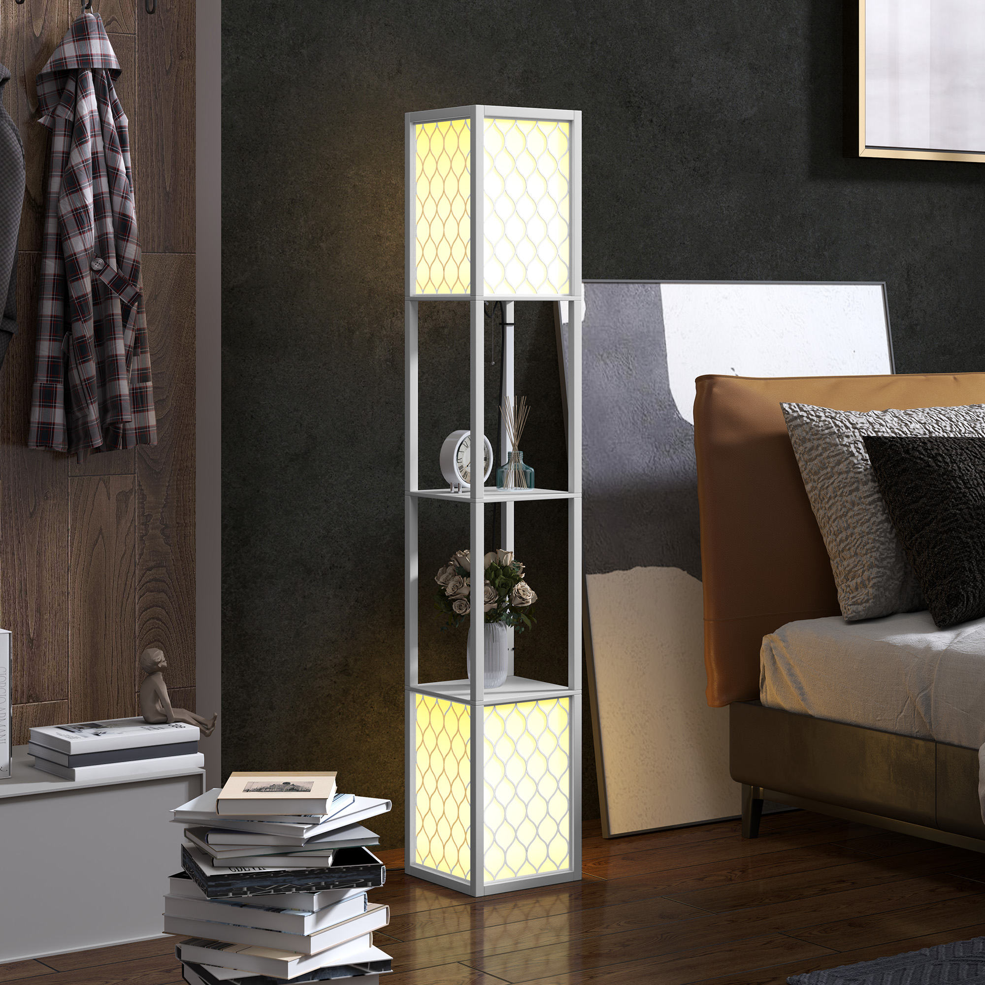 Homcom Lampada da Terra con Ripiani in Tessuto e Interruttore a Catena 26x26x156 cm Bianco   Aosom Italy