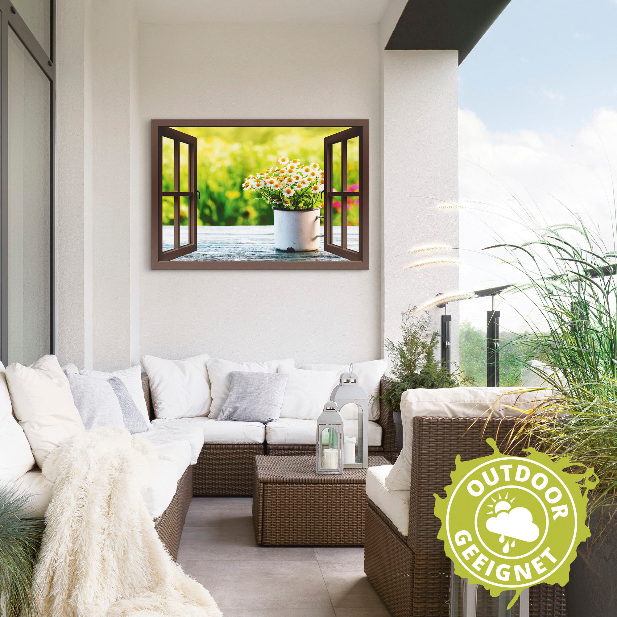 Alu-Dibond-Druck ARTLAND "Fensterblick Garten mit Gänseblümchen", braun (farbe bild(er): braun), B:70cm H:50cm, Bilder, Alu-Dibond-Druck, für Innen- und Aussenbereich geeignet, Outdoorbild farbe bild(er): braun B/H/T: 70cm x 50cm, Alu-Dibond-Druck Blumen 