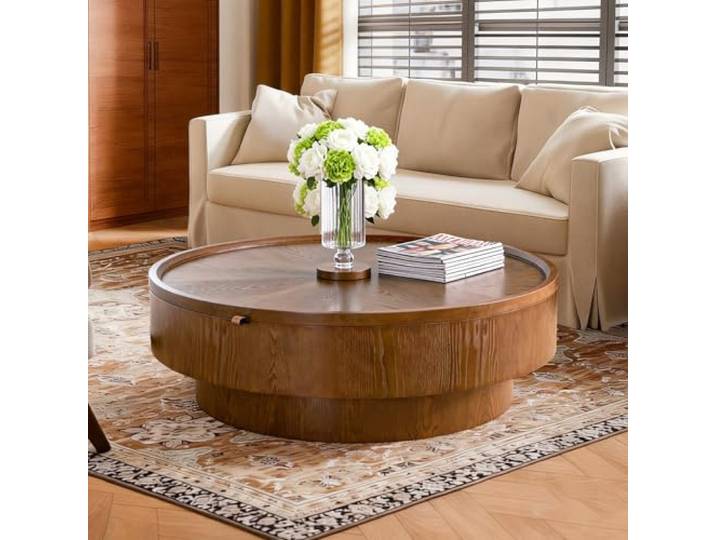 DYHQQ Runder Couchtisch in Trommelform mit Stauraum, moderner, luxuriöser runder Couchtisch aus Massivholzfurnier, ideal für Wohnzimmer, Apartments und kleine Räume,Al