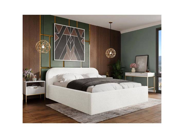 Orane - lit coffre queen size - 160x200 cm - en tissu bouclette - Blanc