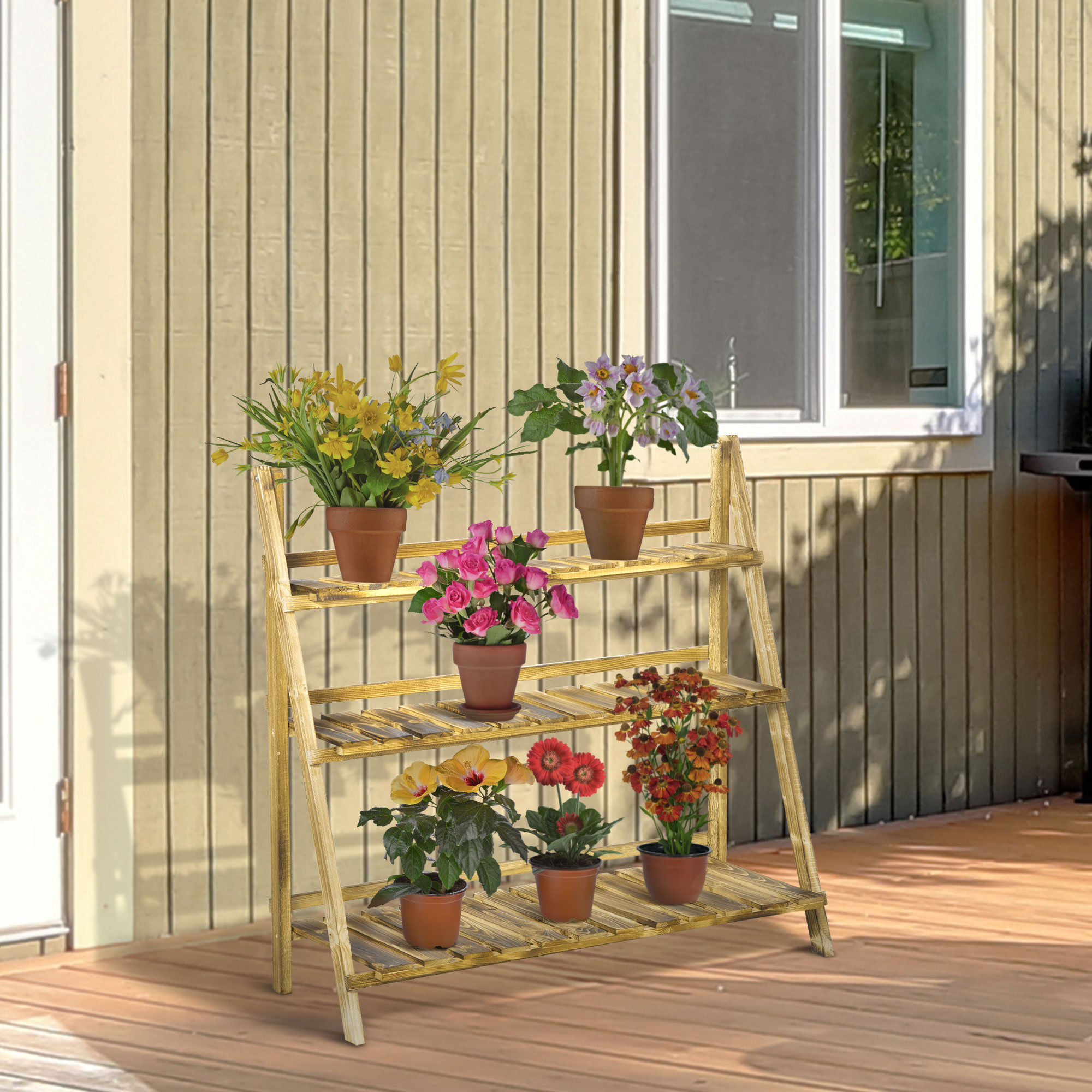 Outsunny Portapiante Pieghevole Portavasi in Legno di Abete con 3 Livelli Scaffale da Esterno per Piante Portafiori 100x37x93cm Aosom
