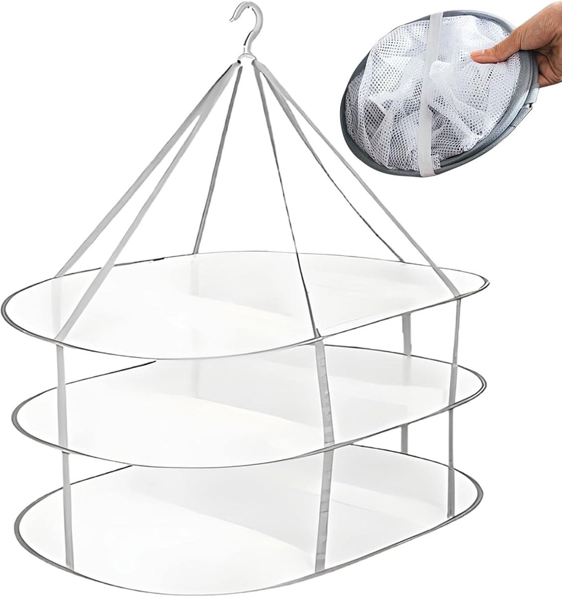 Inklapbaar droogrek voor kleding met wasmand in wit grijs, 77 x 61 x 78 cm