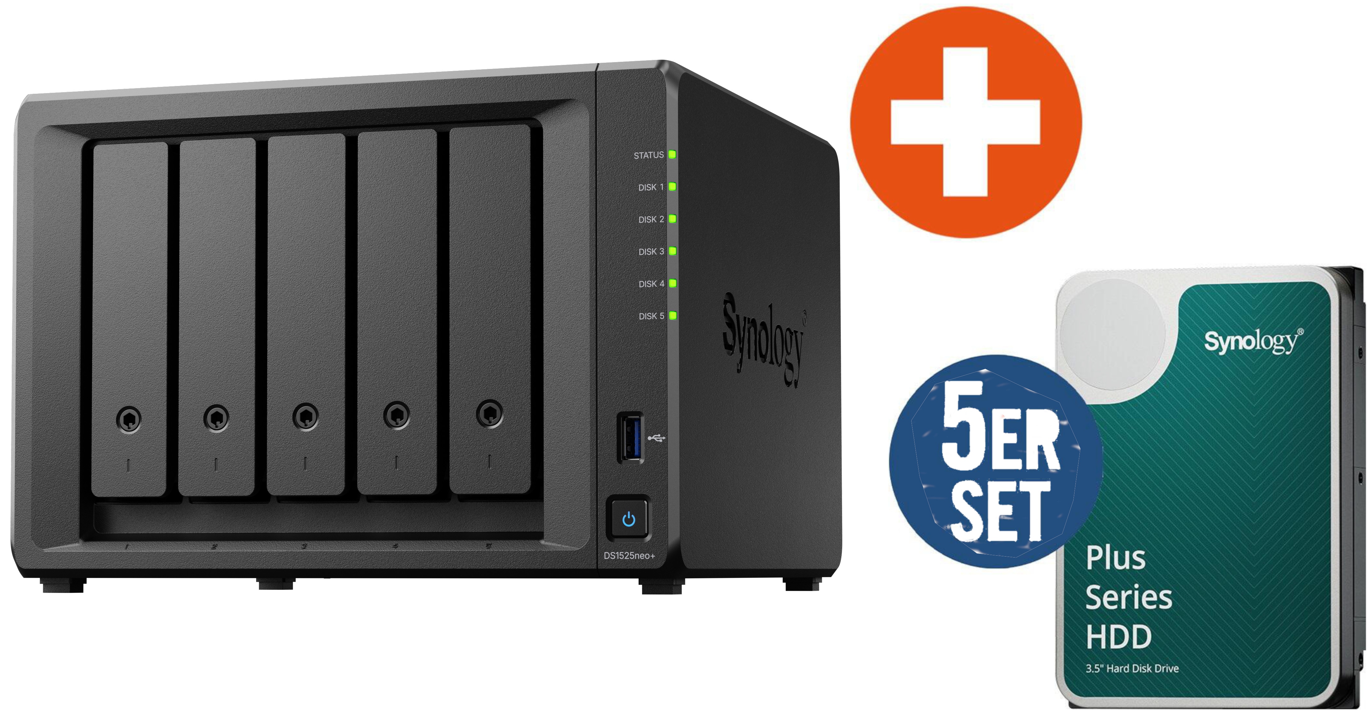 Synology Diskstation DS1525neo+ NAS System 5-Bay 80 TB inkl. 5x 16 TB Synology HDD HAT3310-16T