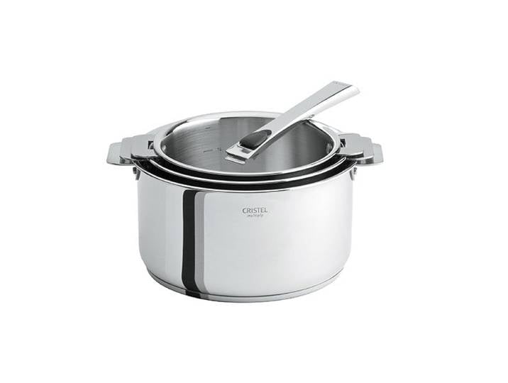 Set 3 casseroles inox Casteline 16, 18 et 20 cm et manche amovible Cristel