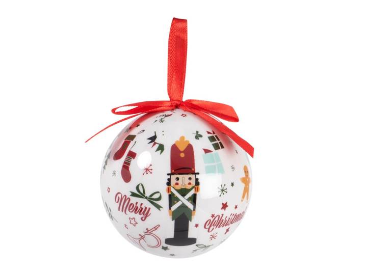 Weihnachtskugel, weiß und grün mit Nussknacker-Druckmotiv