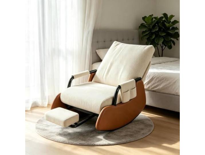 kumamart Komfort Schaukelstuhl mit Praktischer Seitentasche Kompakter Loungesessel mit herausziehbarer Fußstütze und weichen Armlehnen für Schlafzimmer.