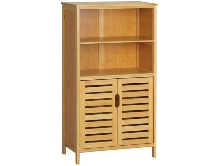 Modfu Badezimmerschrank 50x29x92 cm Natur aus Bambus mit Doppelschrank & Lamellentür, Naturfarben, Naturmaterialen, 50x92x29 cm, Badezimmer, Badmöbel, Midischränke